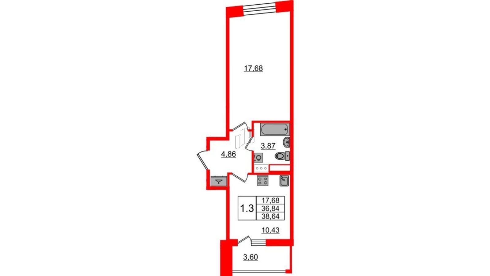 Планировка: 1-комнатная квартира, 36,8 м²