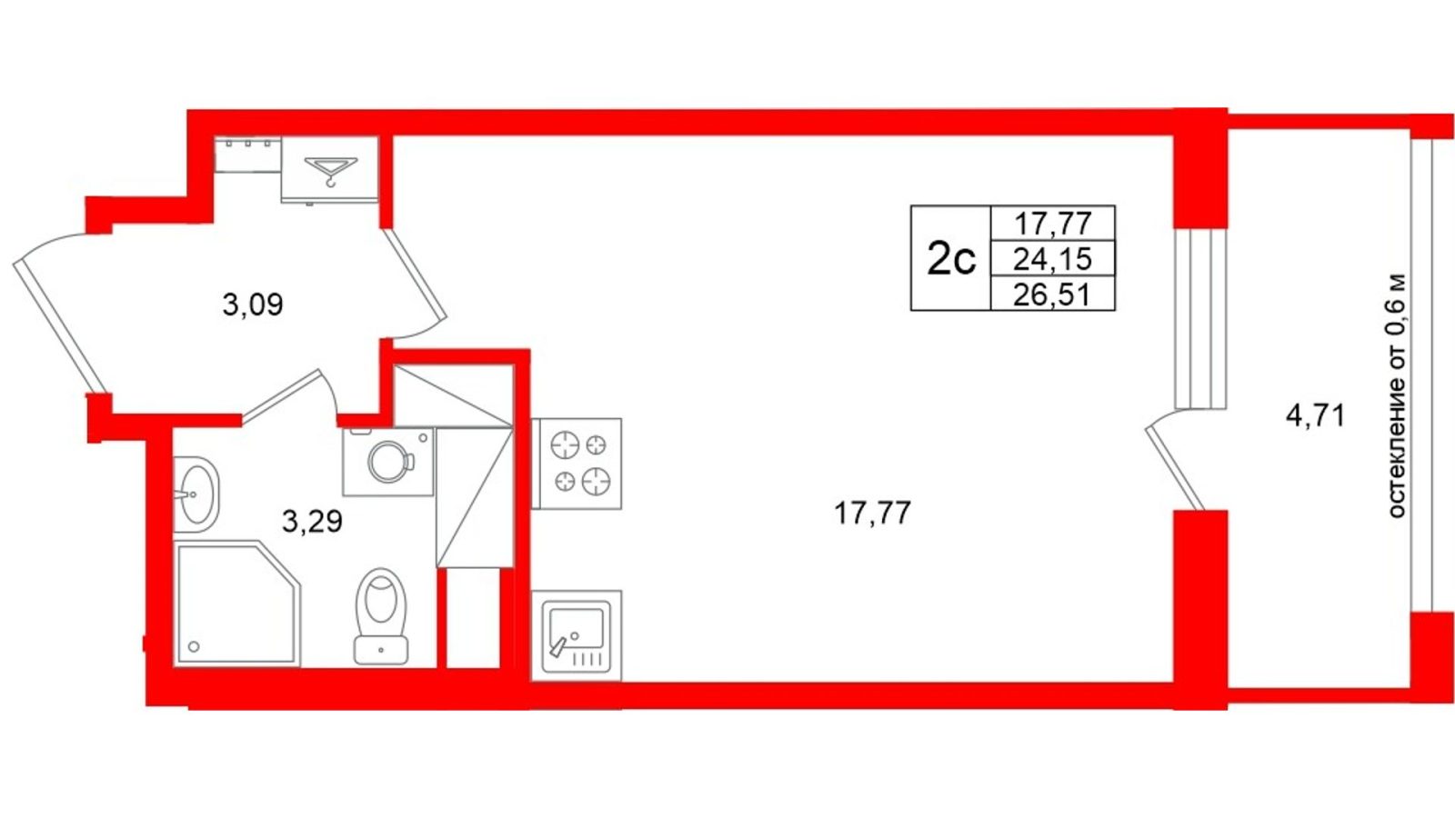 Планировка: студия, 24,2 м²