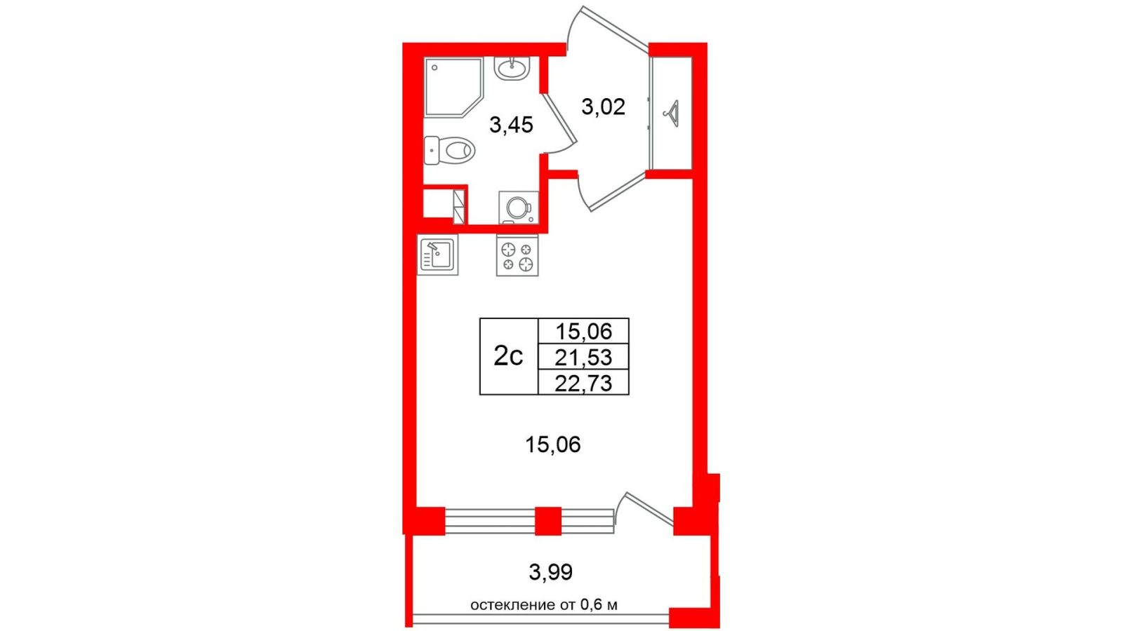 Планировка: студия, 21,5 м²