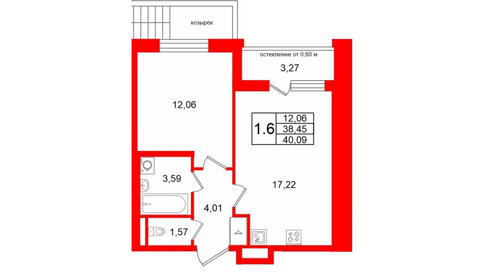 Планировка: 1-комнатная квартира, 38,5 м²