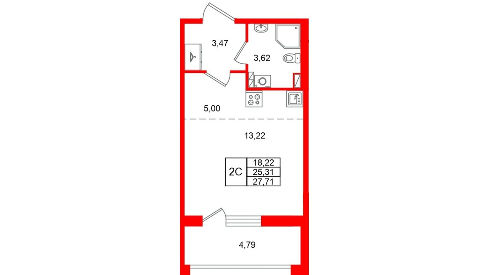 Планировка: студия, 25,3 м²