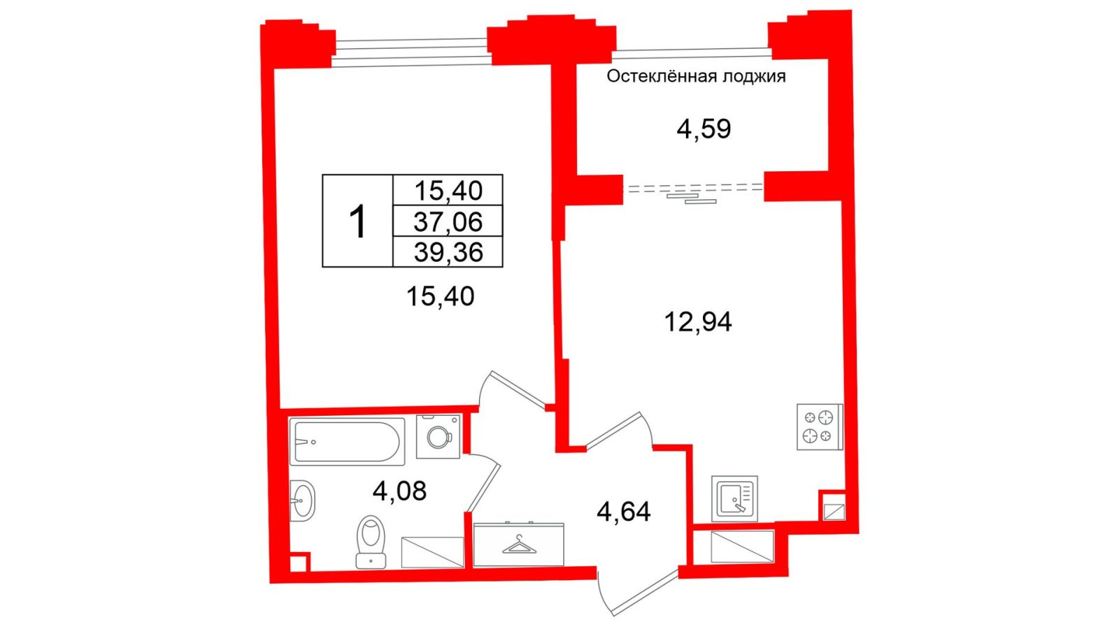 Планировка: 1-комнатная квартира, 37,1 м²