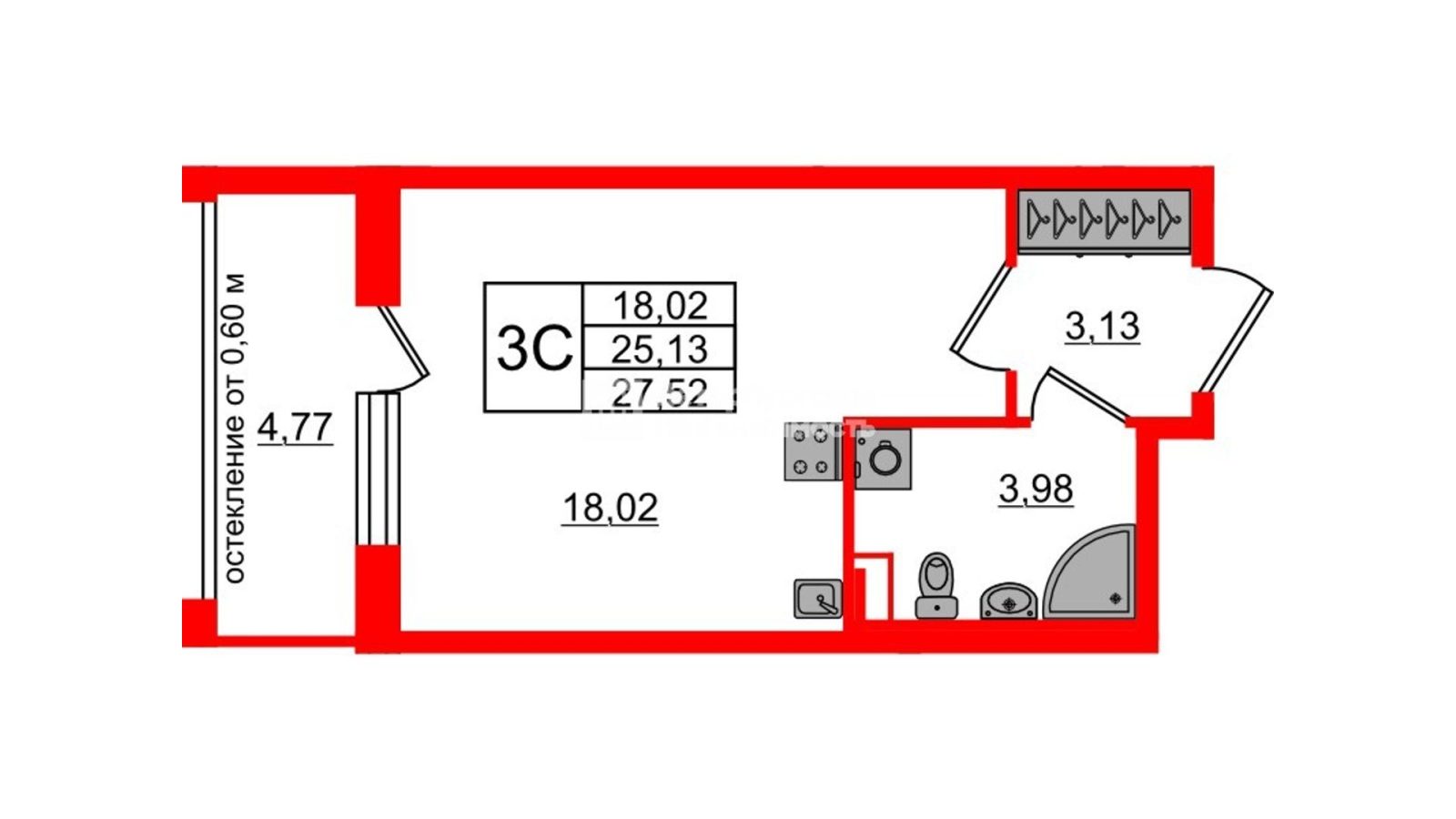 Планировка: студия, 25,1 м²