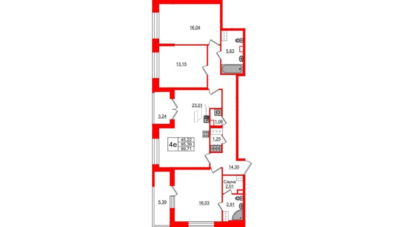 Планировка: 3-комнатная квартира, 94,6 м²