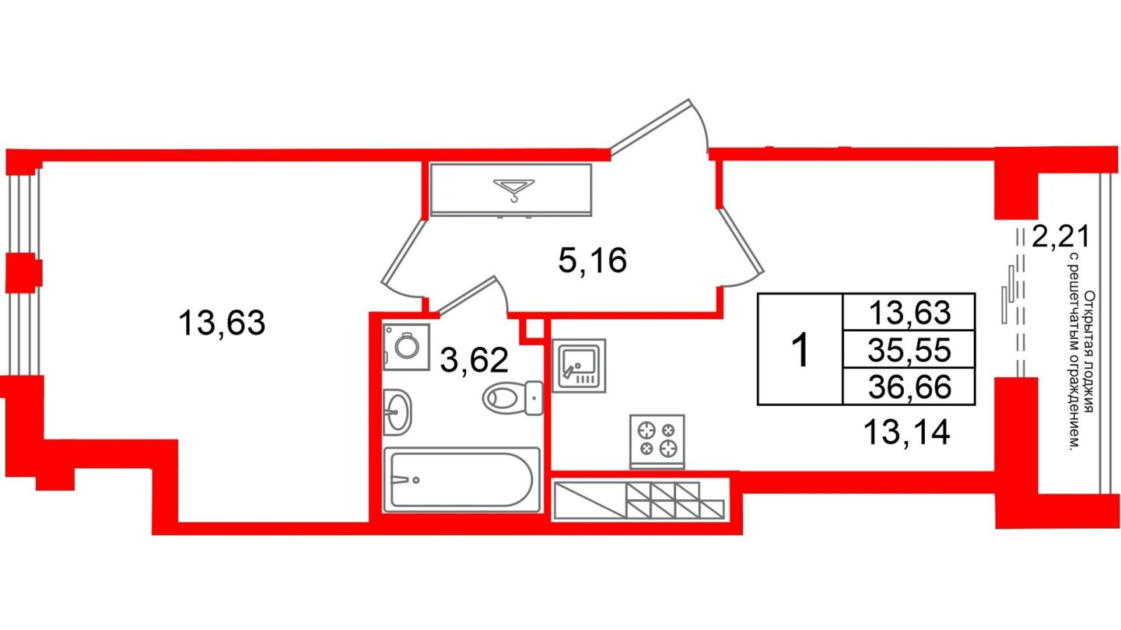 Планировка: 1-комнатная квартира, 35,6 м²