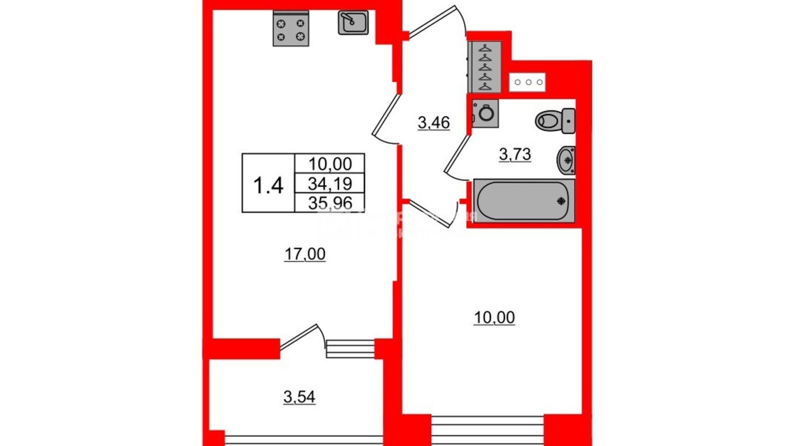 Планировка: 1-комнатная квартира, 34,2 м²