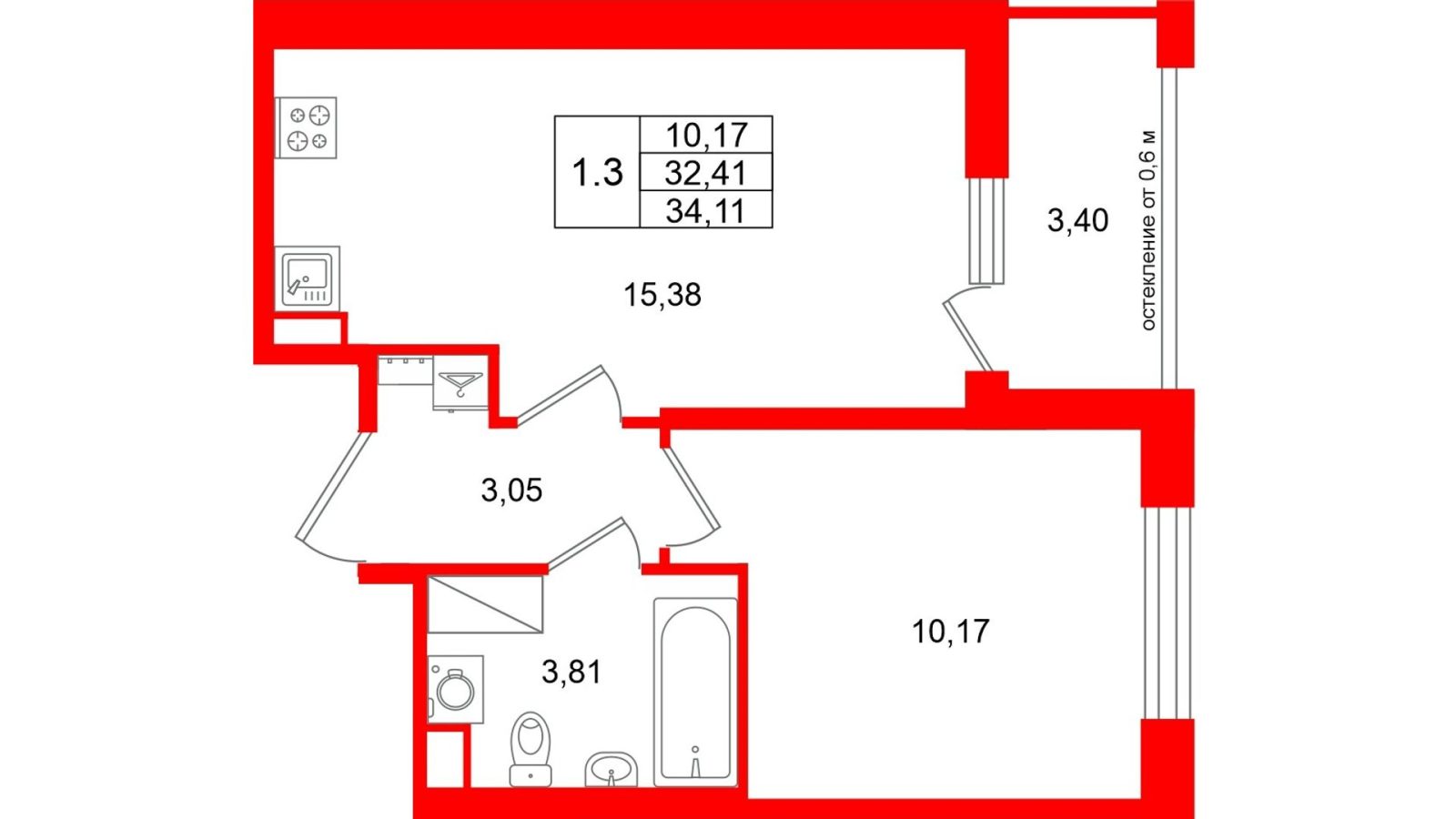Планировка: 1-комнатная квартира, 32,4 м²