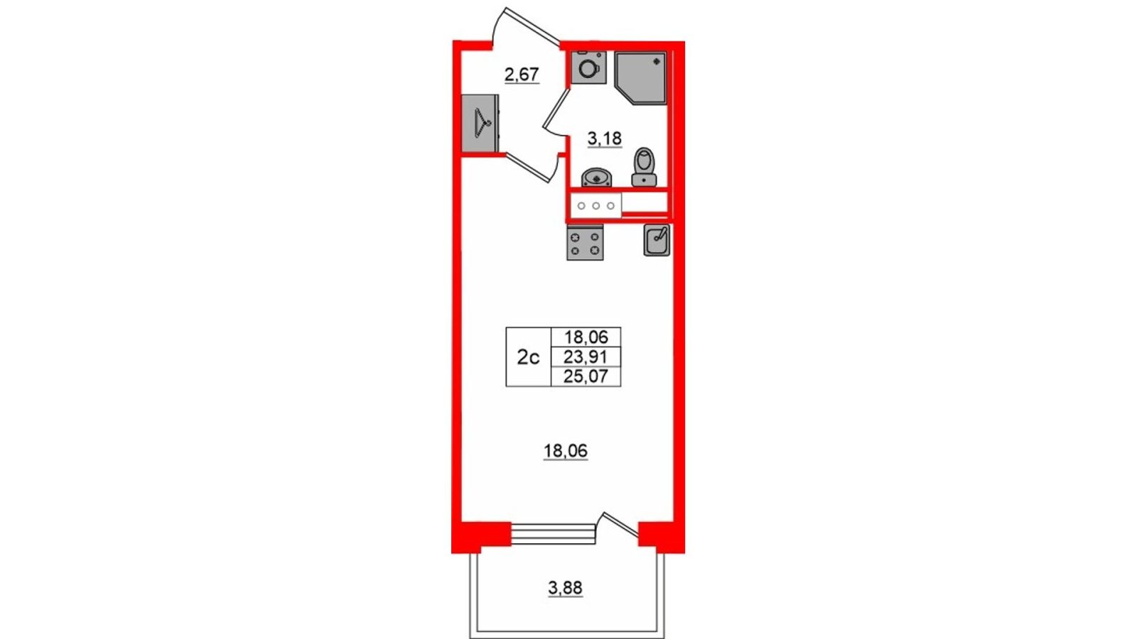 Планировка: студия, 23,9 м²