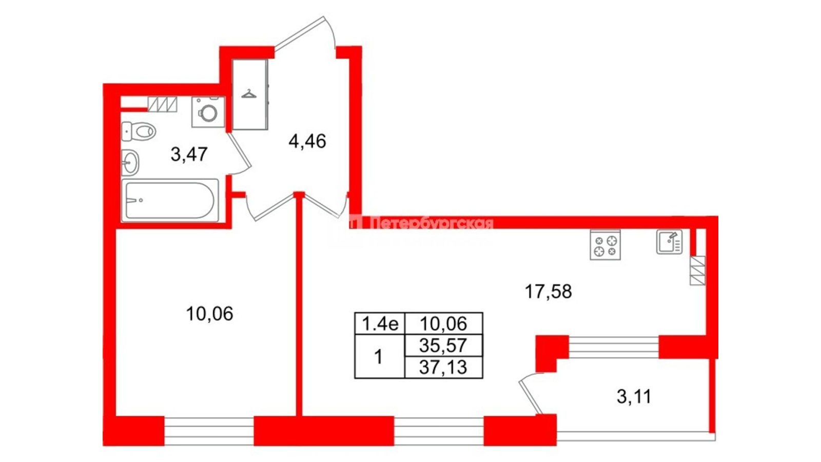 Планировка: 1-комнатная квартира, 35,6 м²