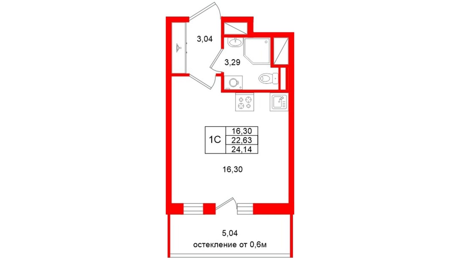Планировка: студия, 22,6 м²