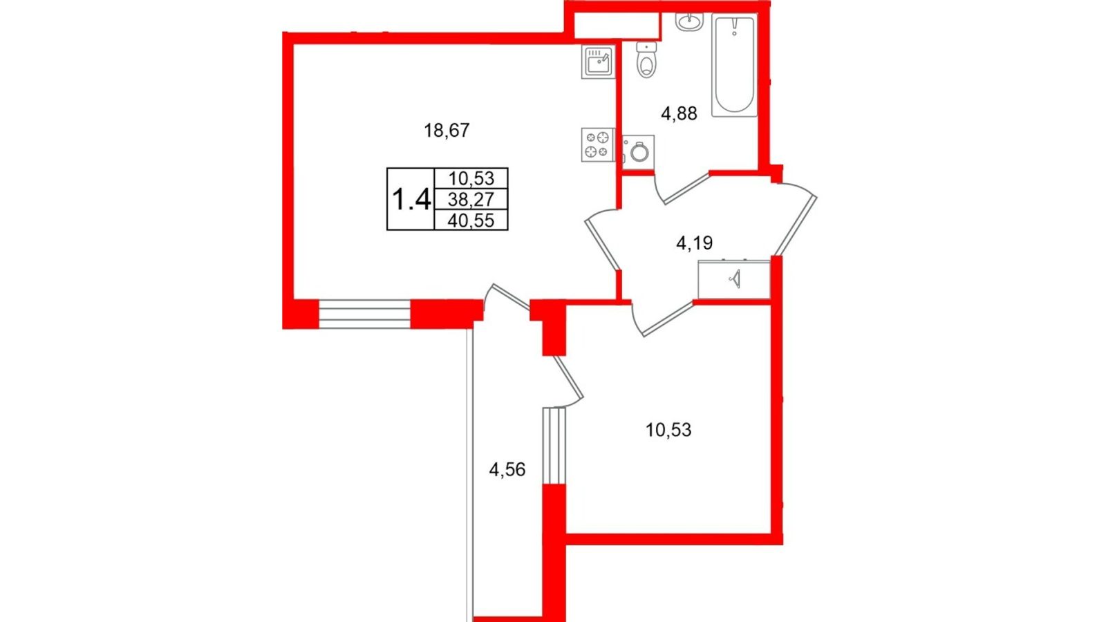 Планировка: 1-комнатная квартира, 38,3 м²