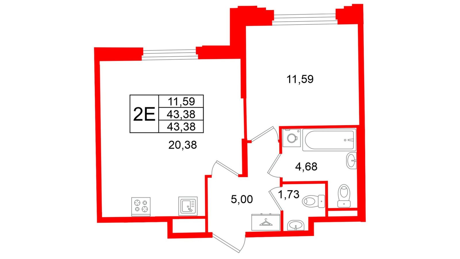 Планировка: 1-комнатная квартира, 43,4 м²