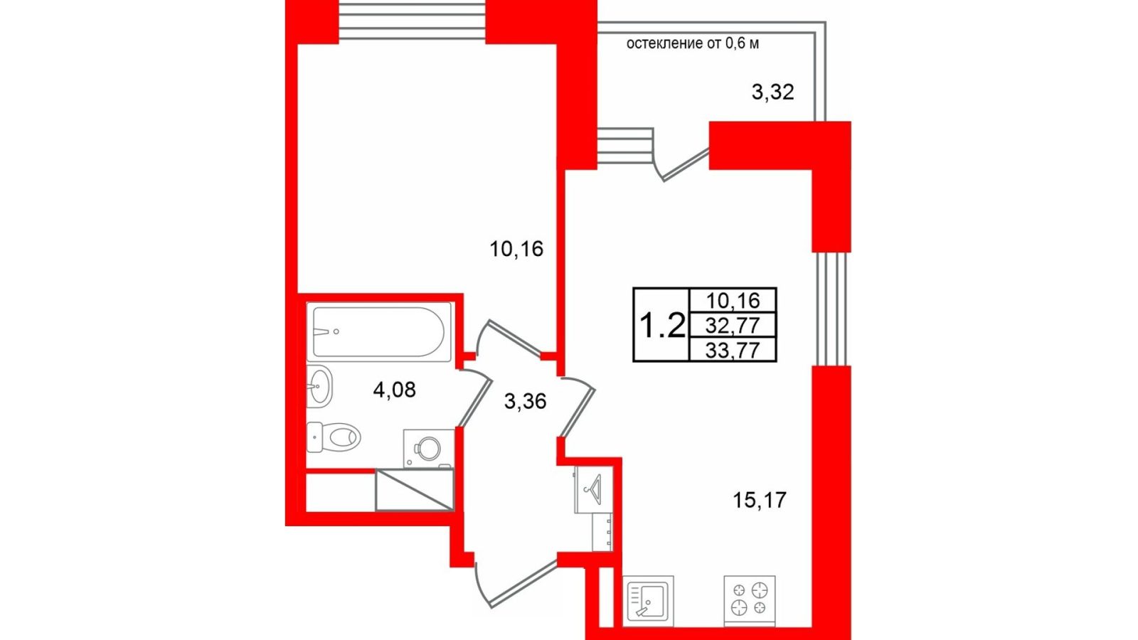 Планировка: 1-комнатная квартира, 32,8 м²