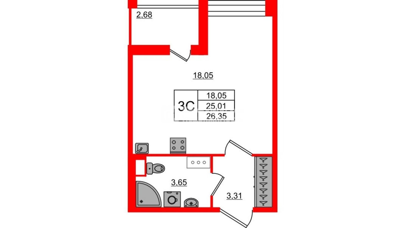 Планировка: студия, 25,0 м²