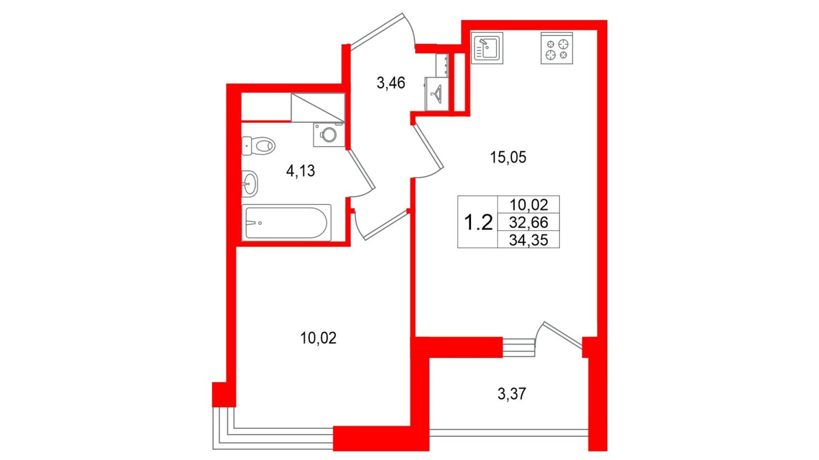 Планировка: 1-комнатная квартира, 32,7 м²
