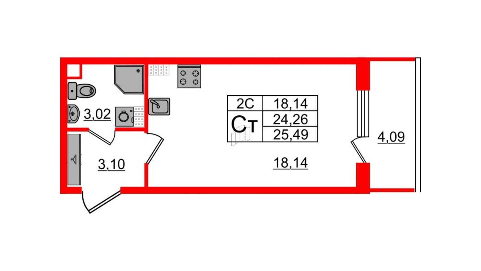 Планировка: студия, 23,9 м²