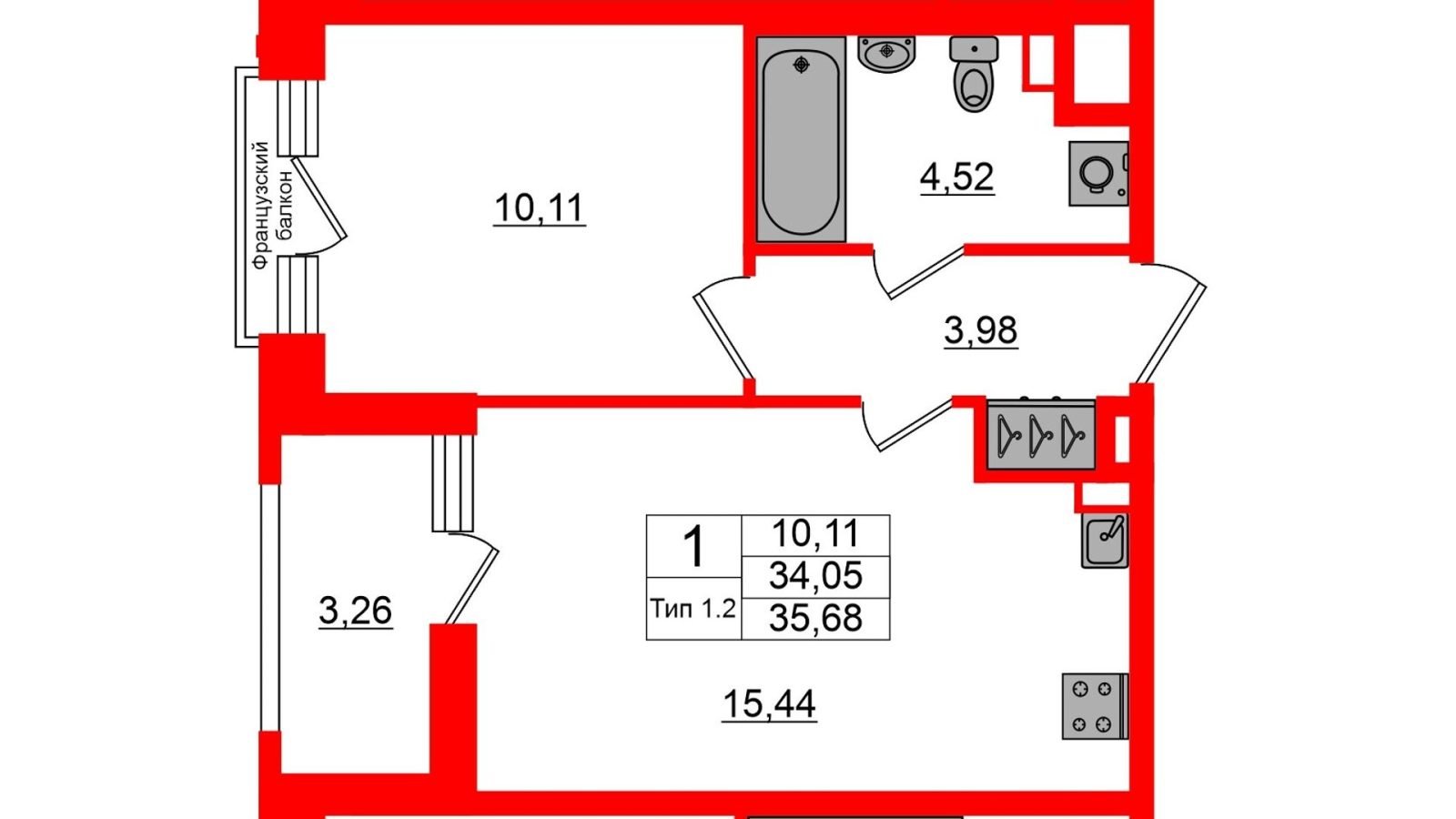 Планировка: 1-комнатная квартира, 34,1 м²