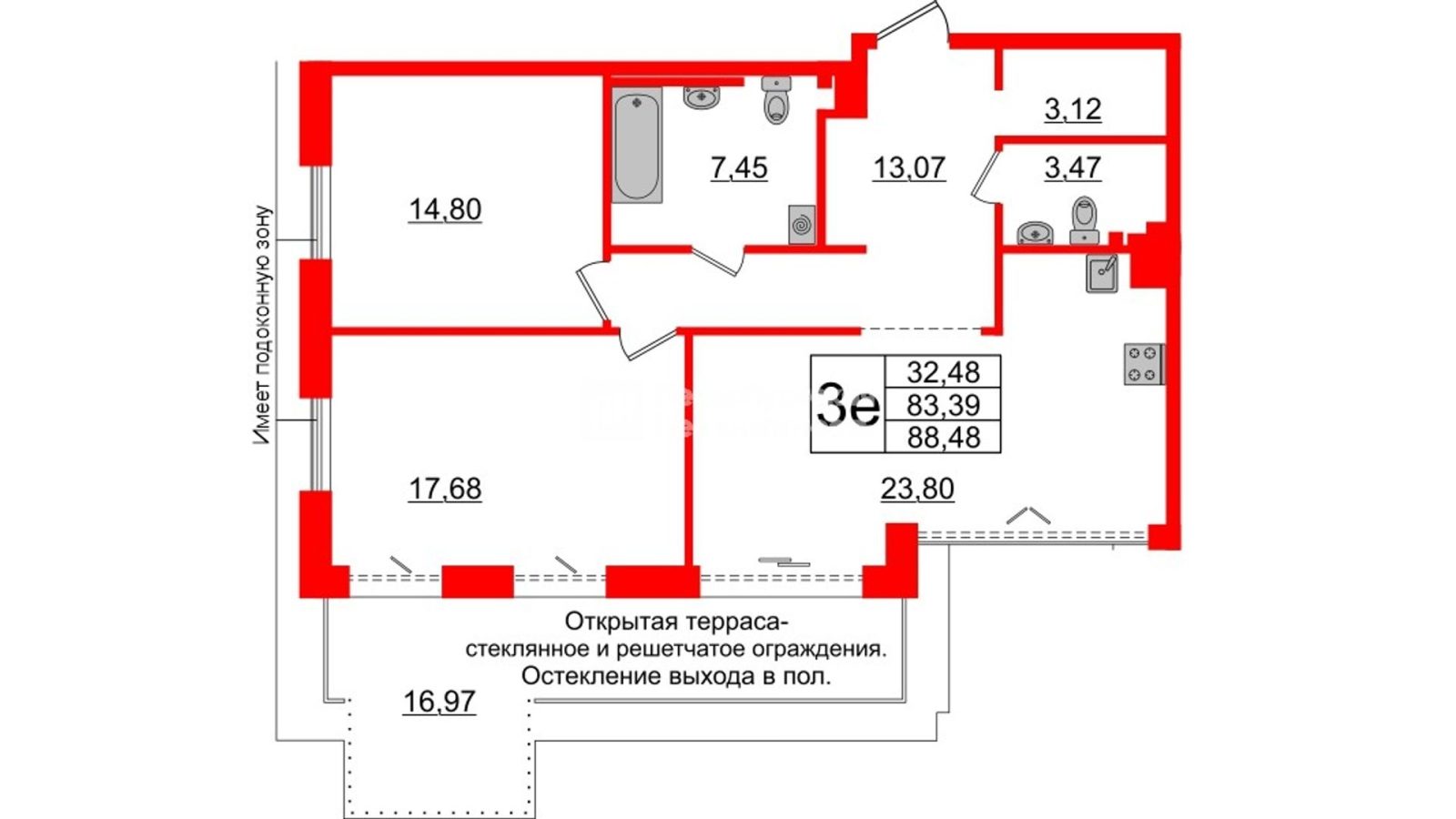 Планировка: 2-комнатная квартира, 83,4 м²
