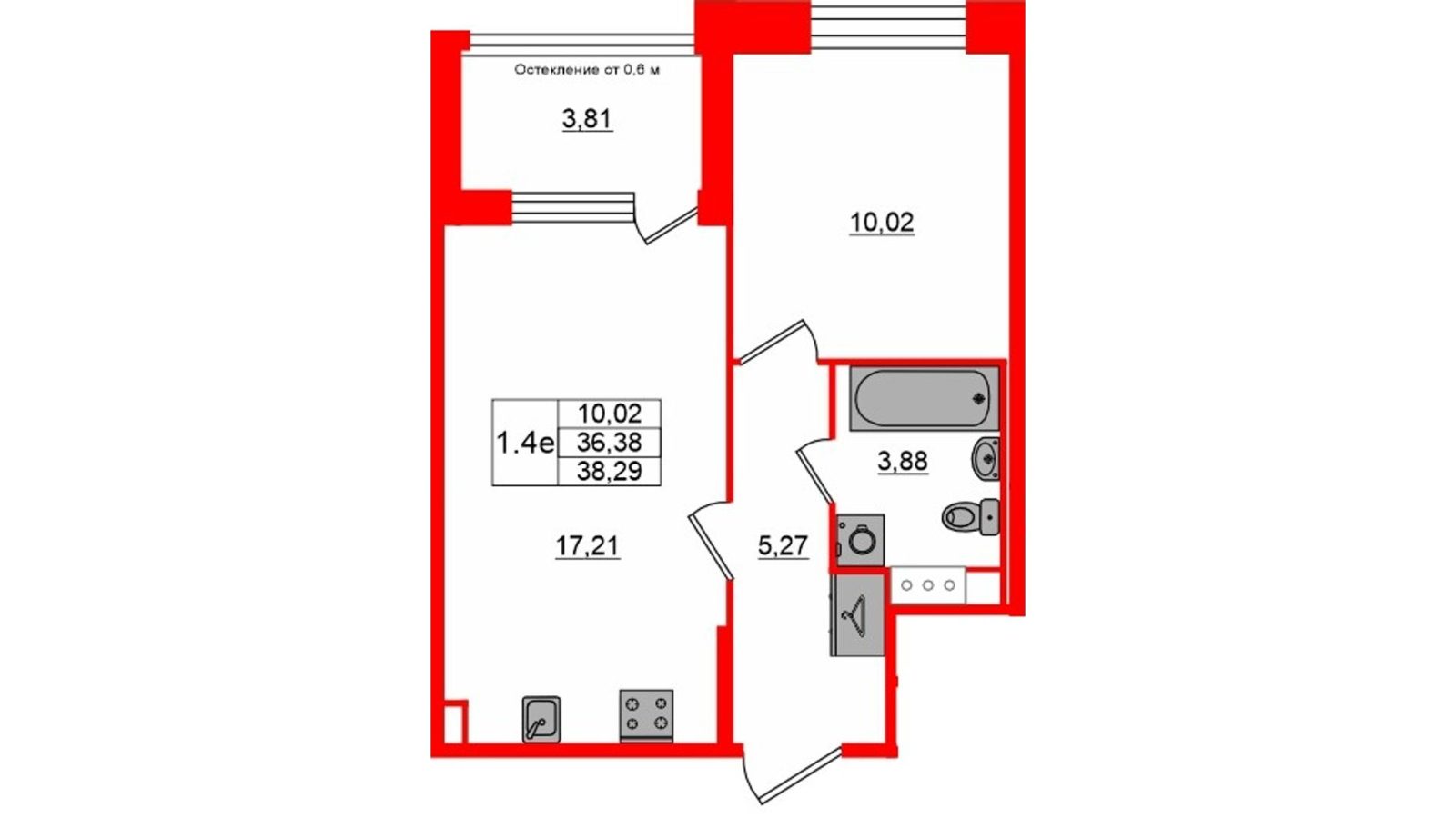 Планировка: 1-комнатная квартира, 36,4 м²