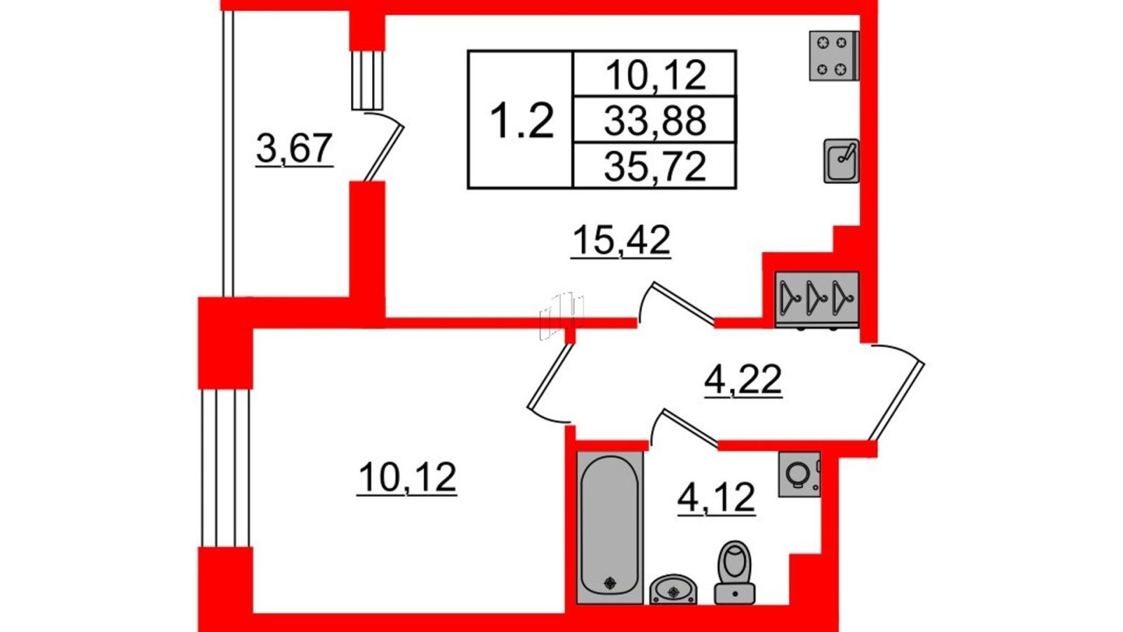 Планировка: 1-комнатная квартира, 33,9 м²