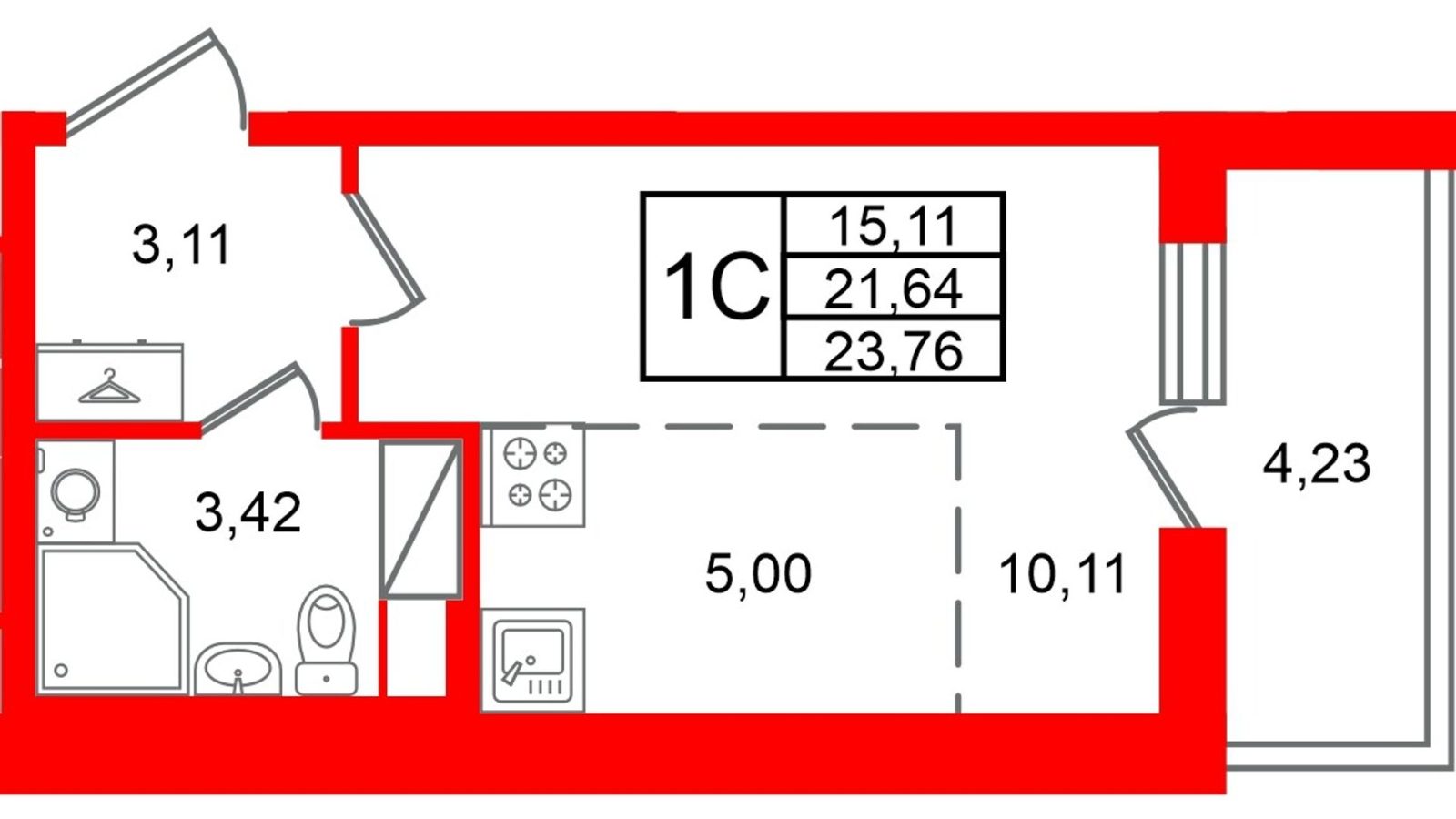 Планировка: студия, 21,6 м²