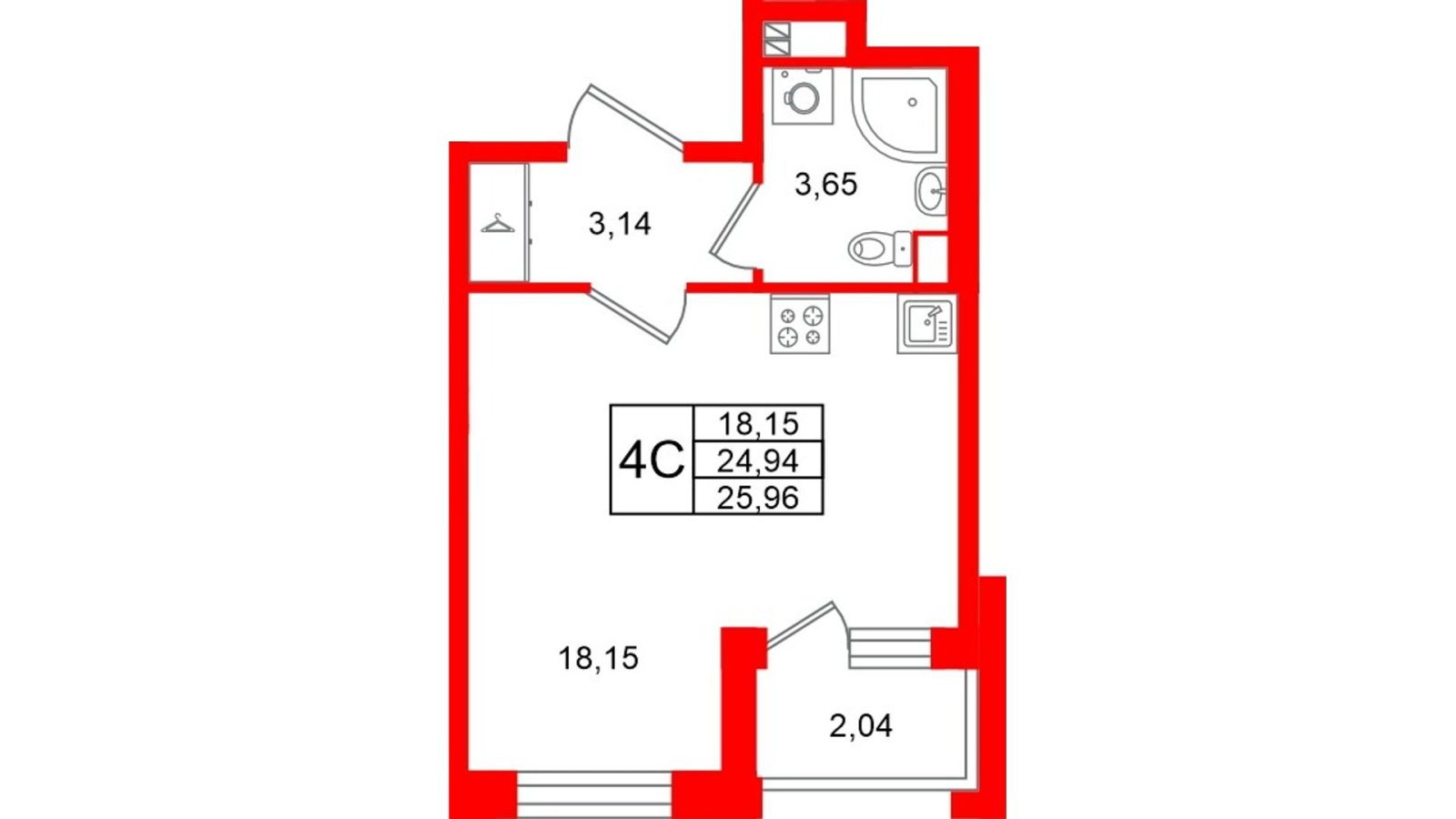 Планировка: студия, 24,9 м²
