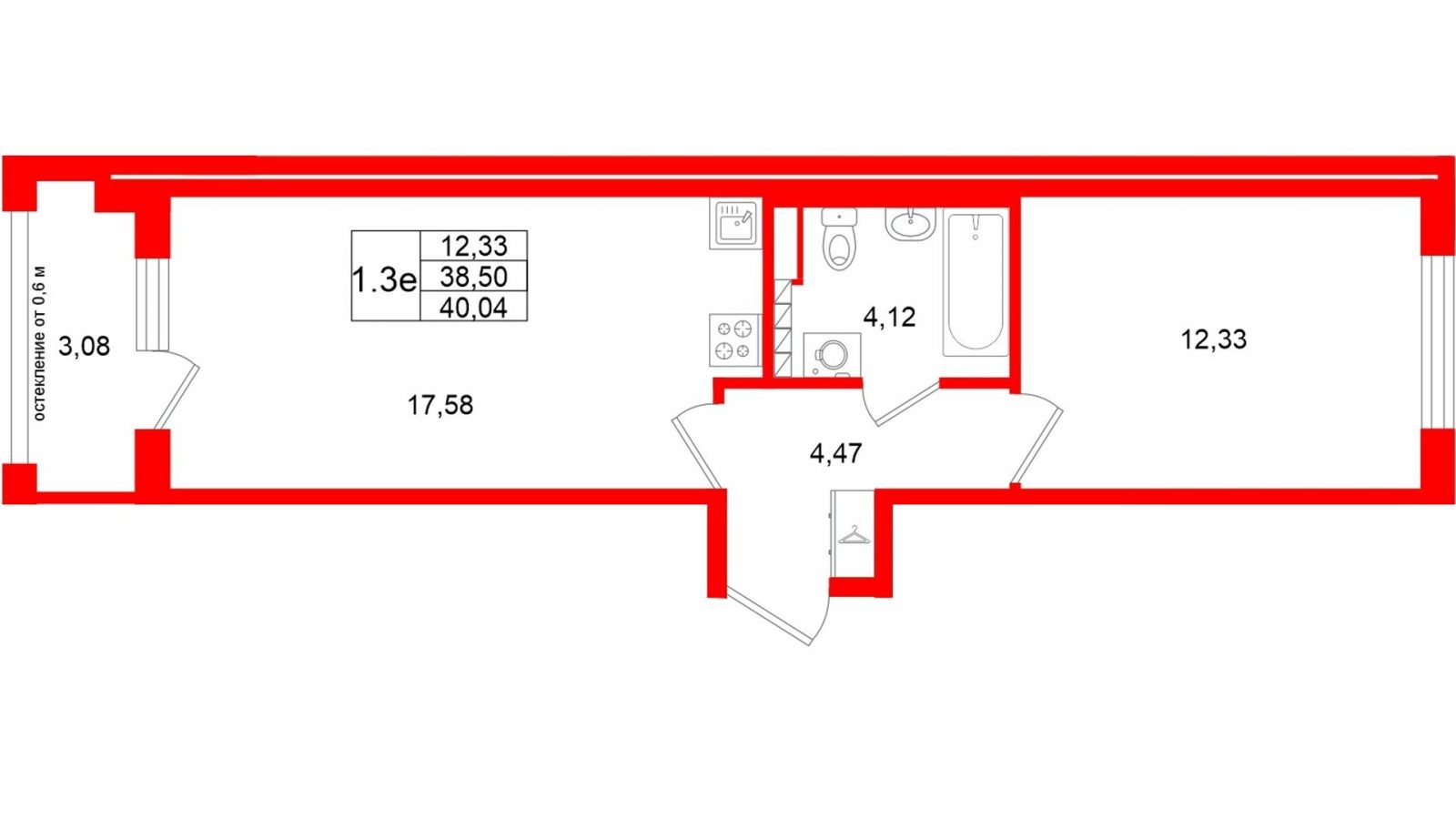 Планировка: 1-комнатная квартира, 38,5 м²