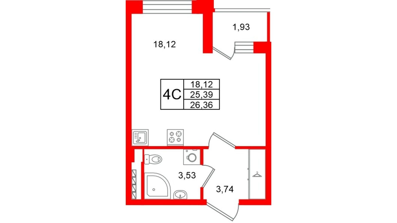 Планировка: студия, 25,4 м²