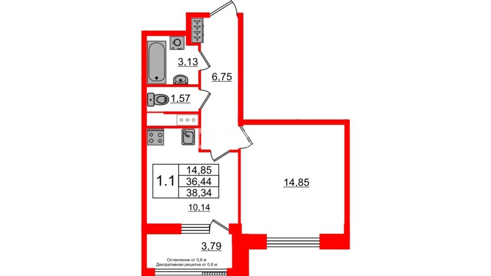 Планировка: 1-комнатная квартира, 35,9 м²