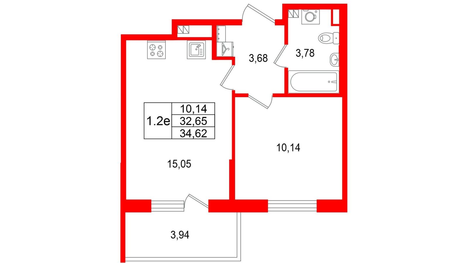 Планировка: 1-комнатная квартира, 32,7 м²