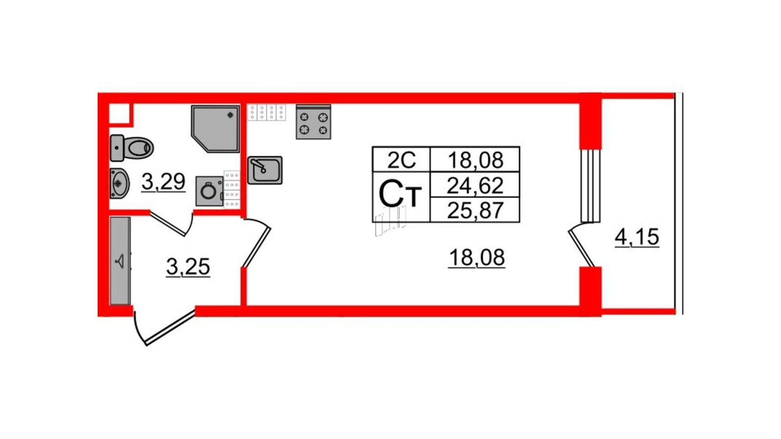 Планировка: студия, 24,1 м²
