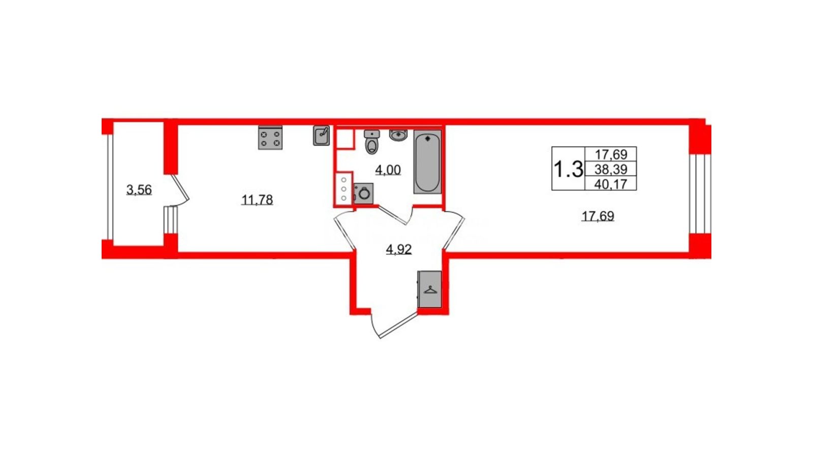 Планировка: 1-комнатная квартира, 38,4 м²