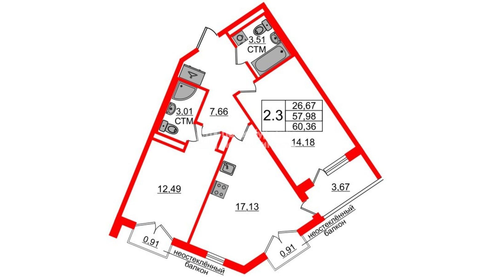 Планировка: 2-комнатная квартира, 57,1 м²