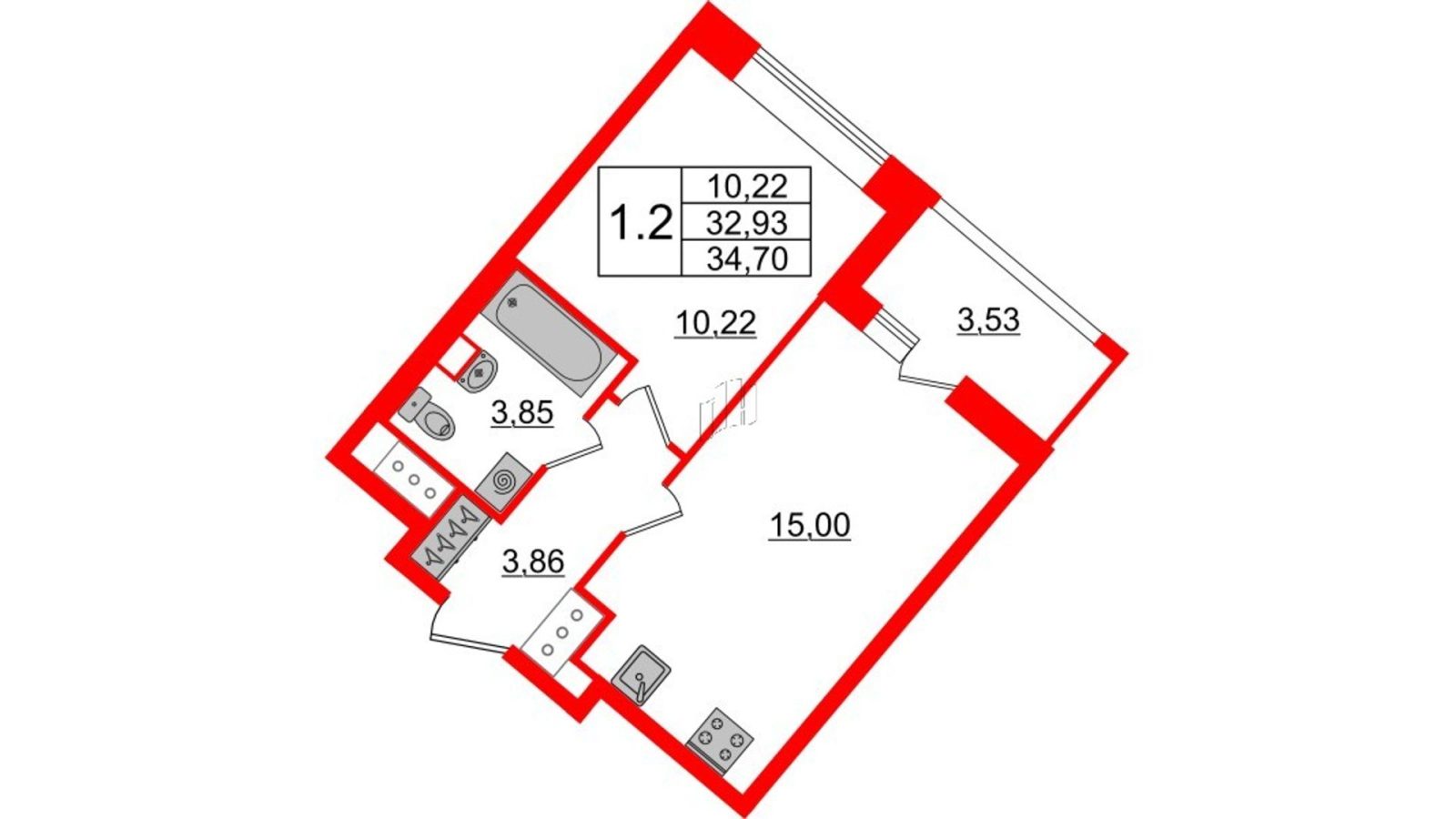 Планировка: 1-комнатная квартира, 32,9 м²