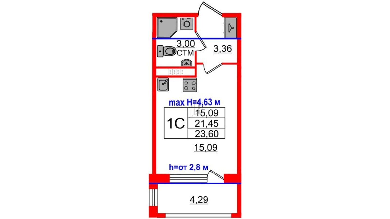Планировка: студия, 21,5 м²