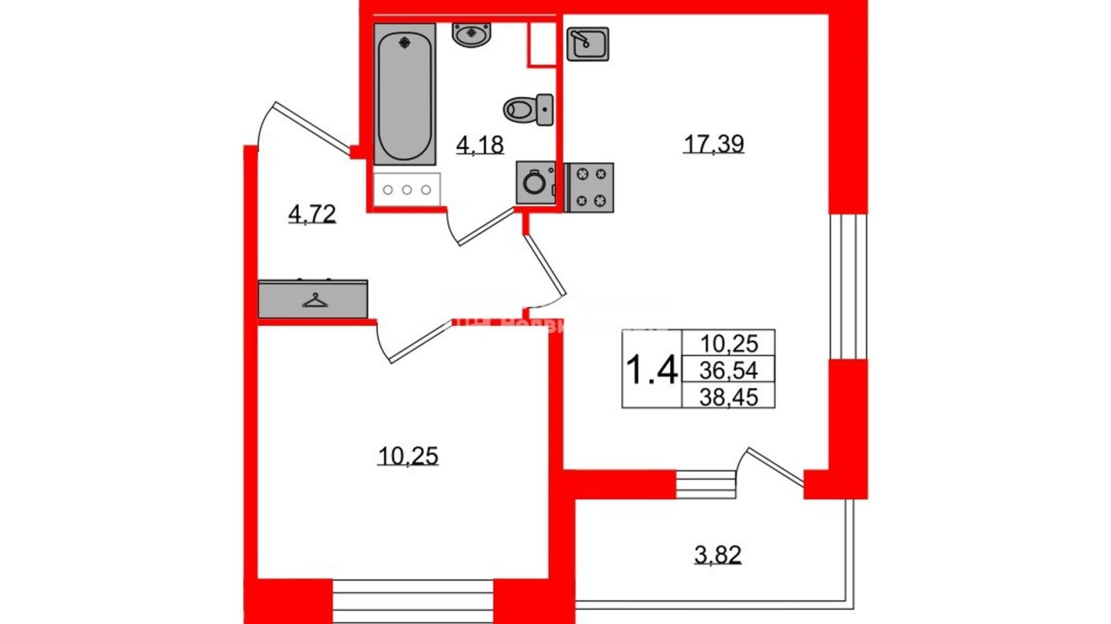 Планировка: 1-комнатная квартира, 36,5 м²