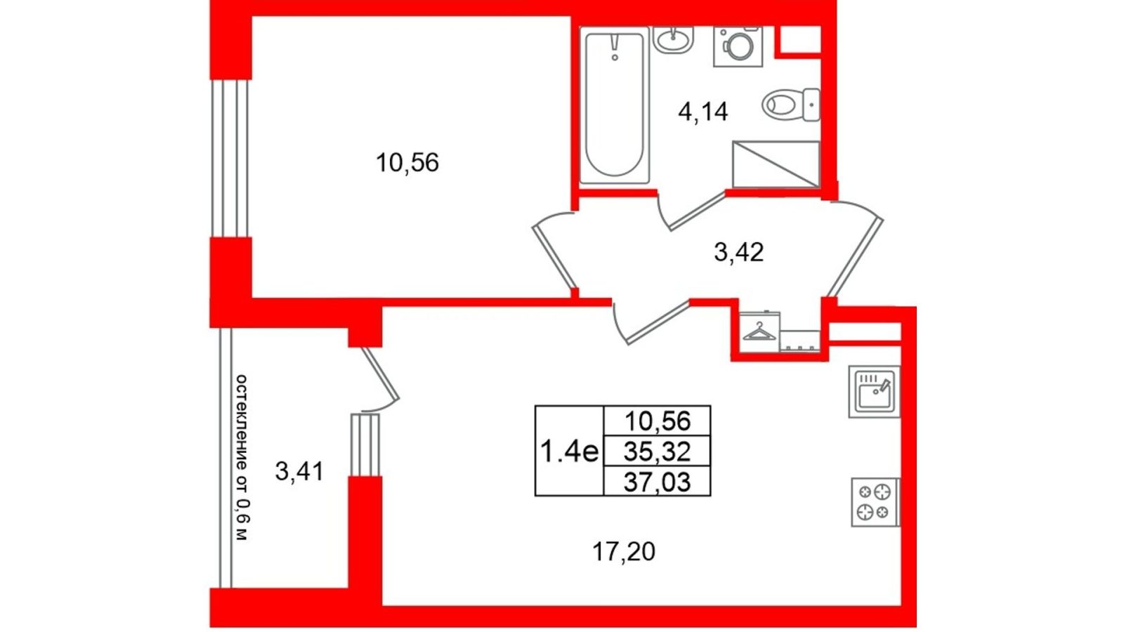 Планировка: 1-комнатная квартира, 35,3 м²