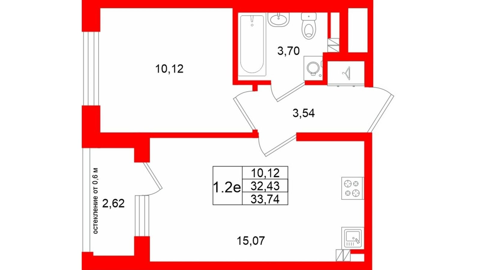Планировка: 1-комнатная квартира, 32,4 м²