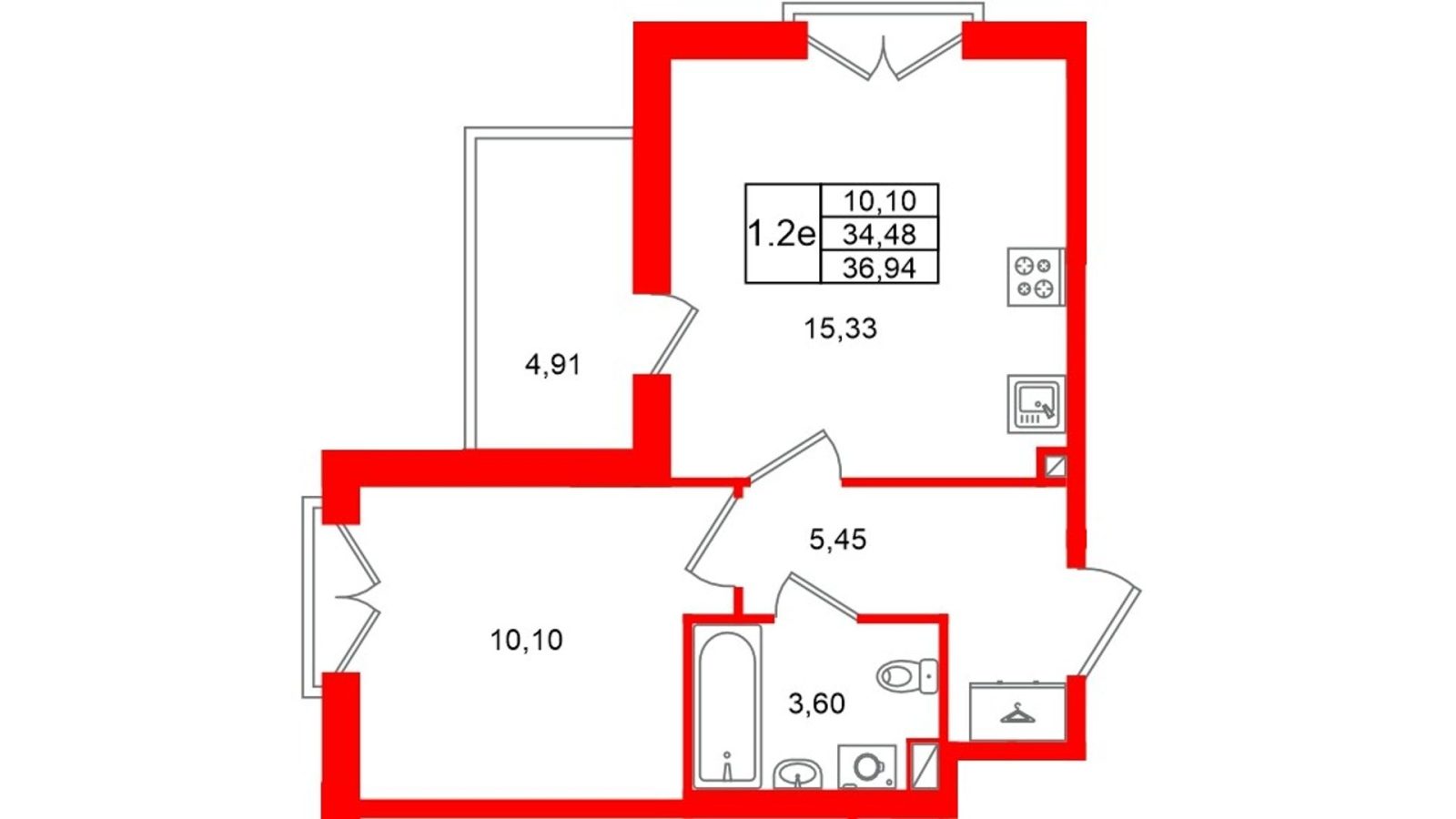 Планировка: 1-комнатная квартира, 34,5 м²