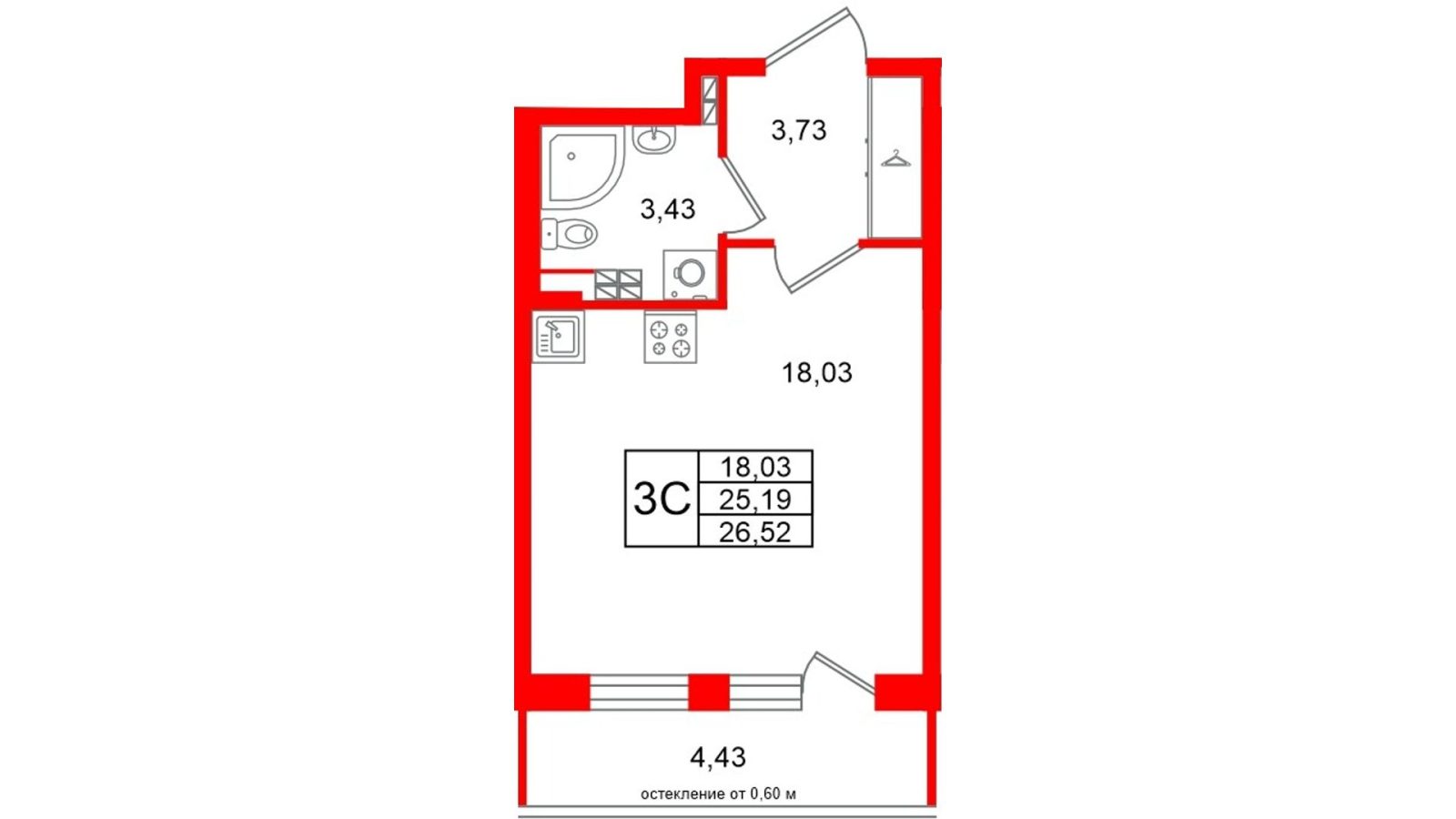 Планировка: студия, 25,2 м²