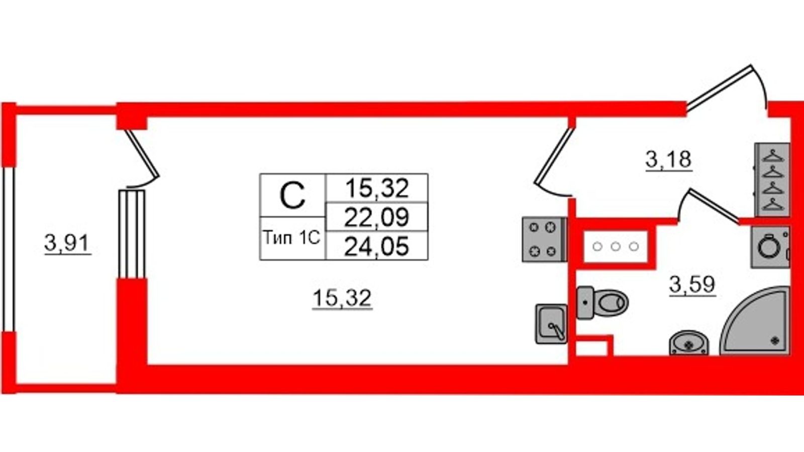 Планировка: студия, 22,1 м²
