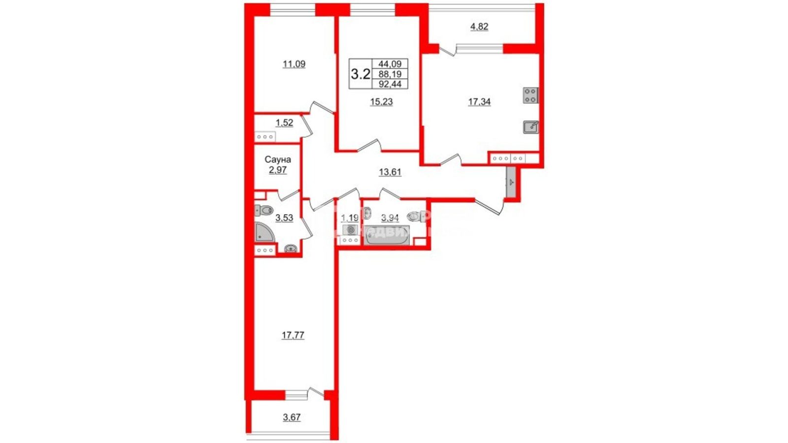 Планировка: 3-комнатная квартира, 86,3 м²