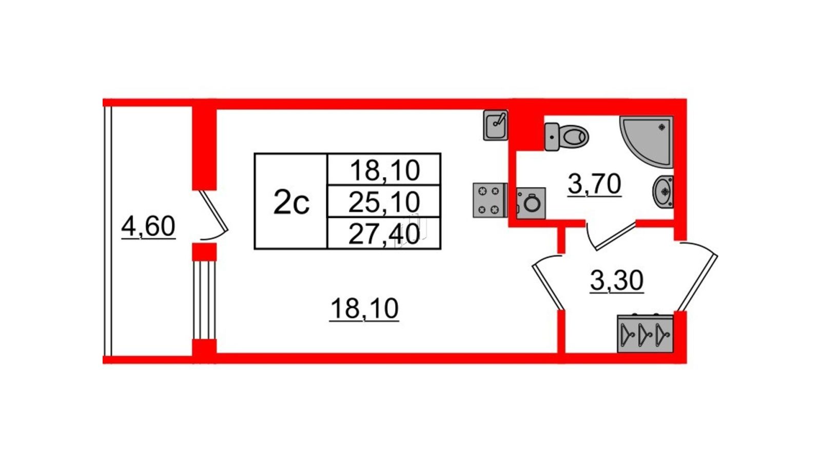 Планировка: студия, 25,1 м²