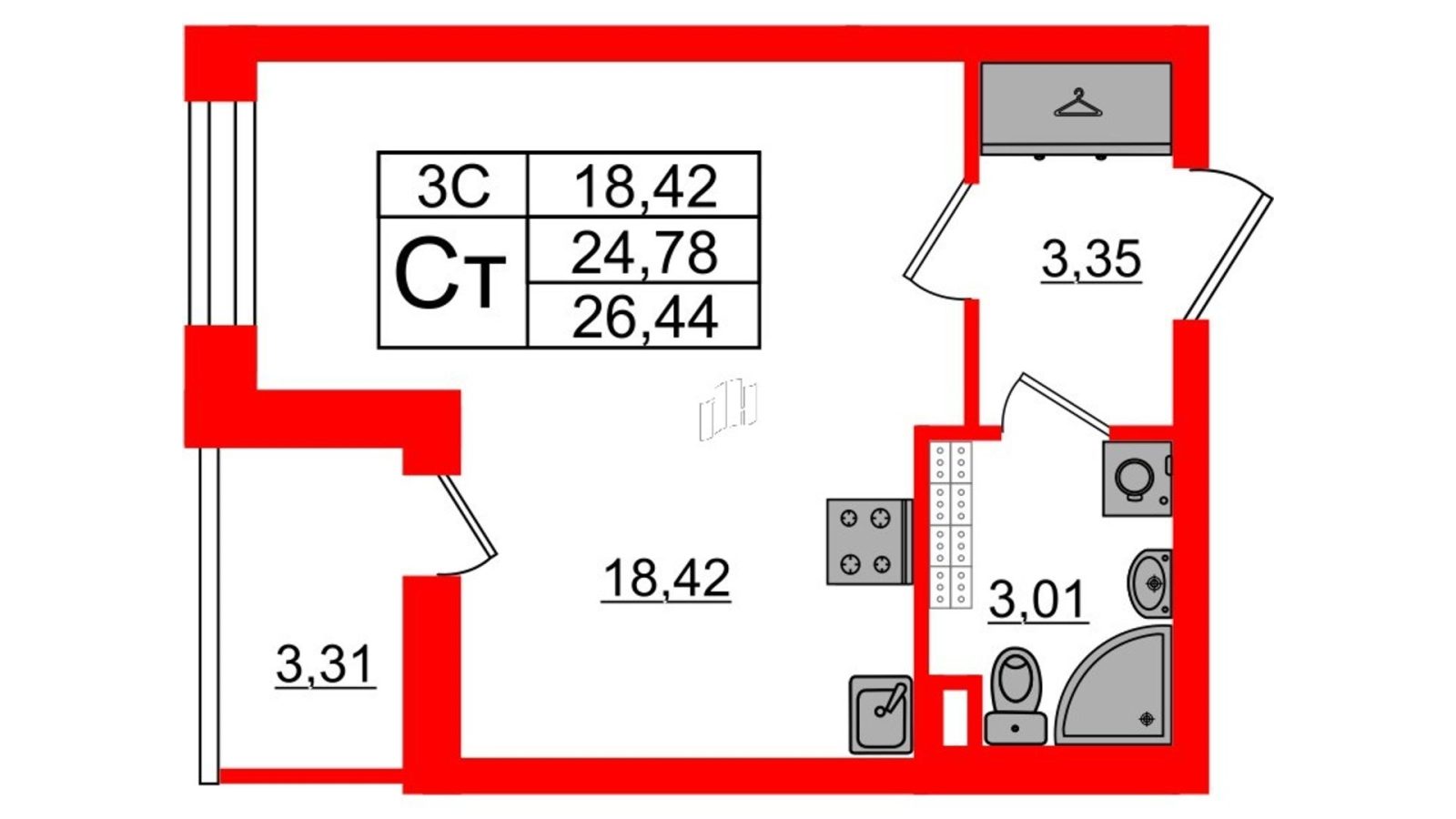Планировка: студия, 24,8 м²