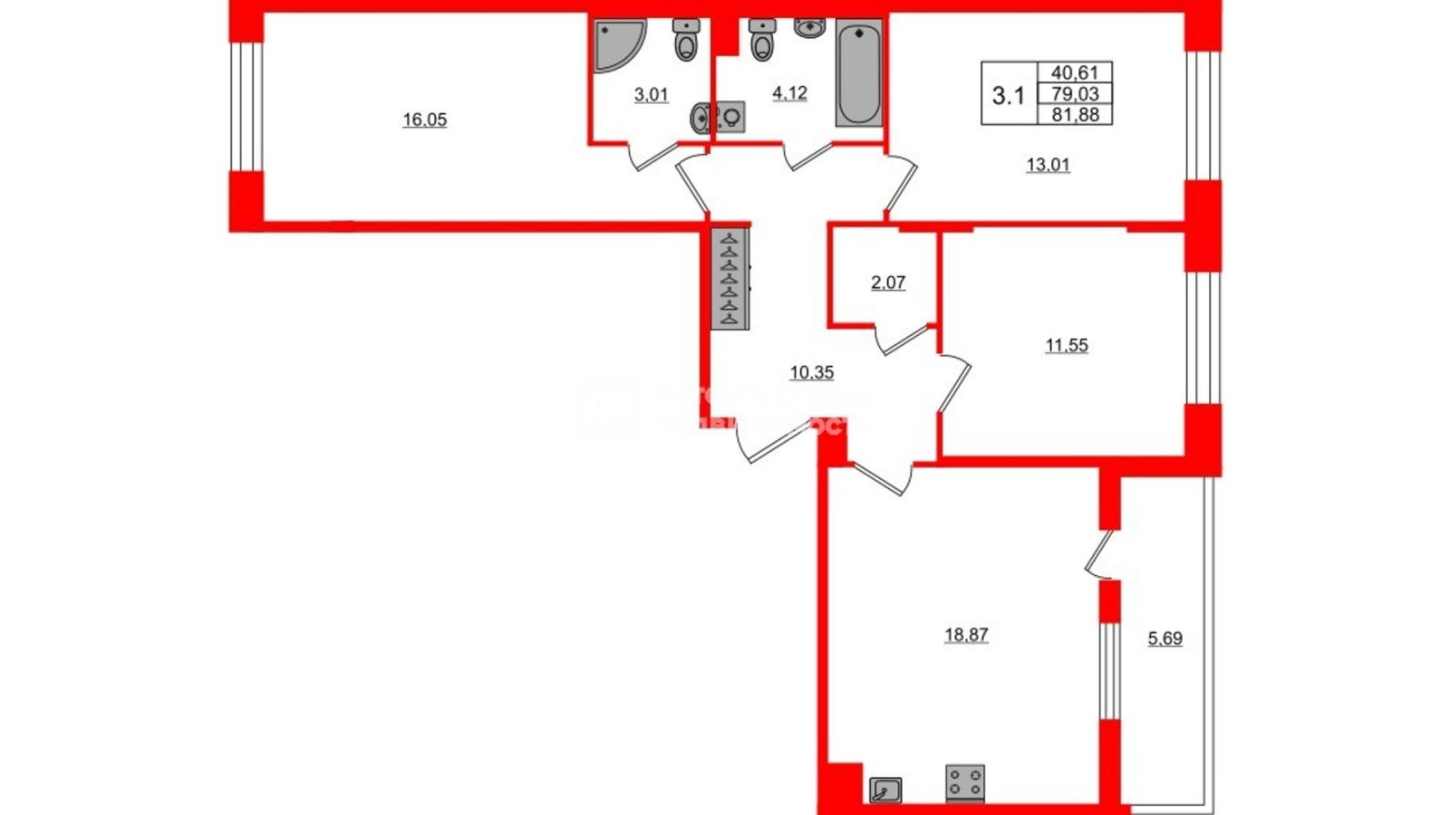 Планировка: 3-комнатная квартира, 79,0 м²