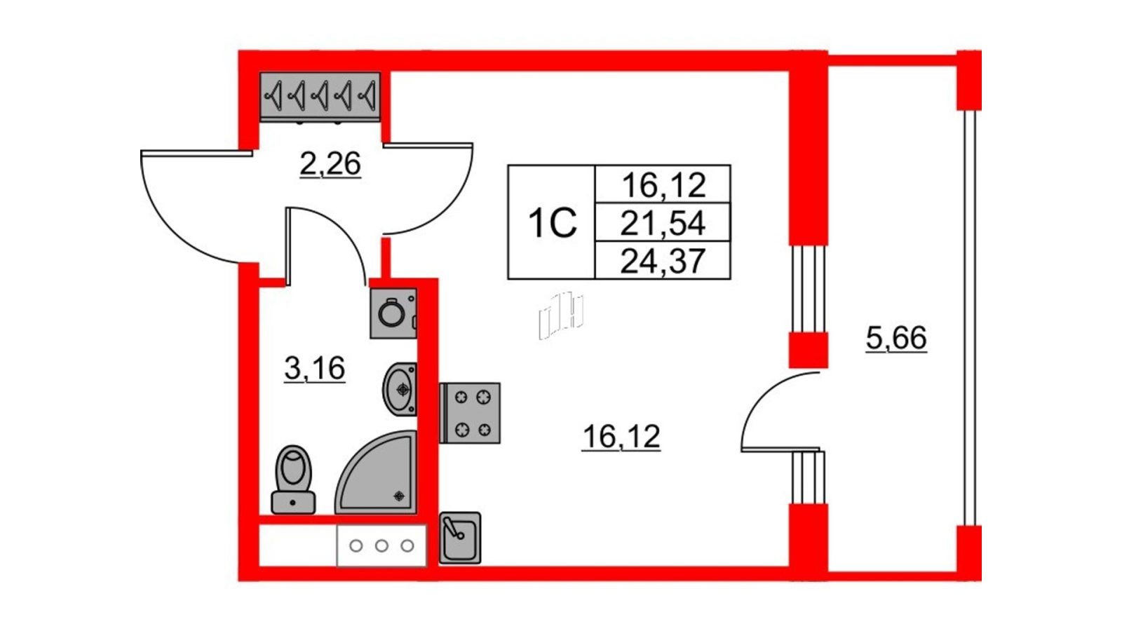 Планировка: студия, 21,5 м²