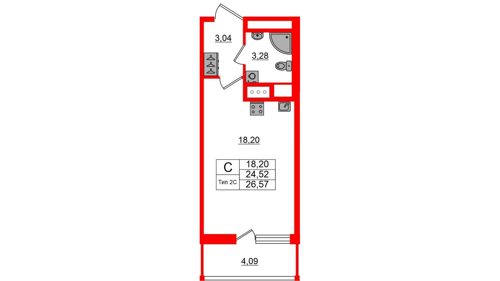 Планировка: студия, 24,5 м²