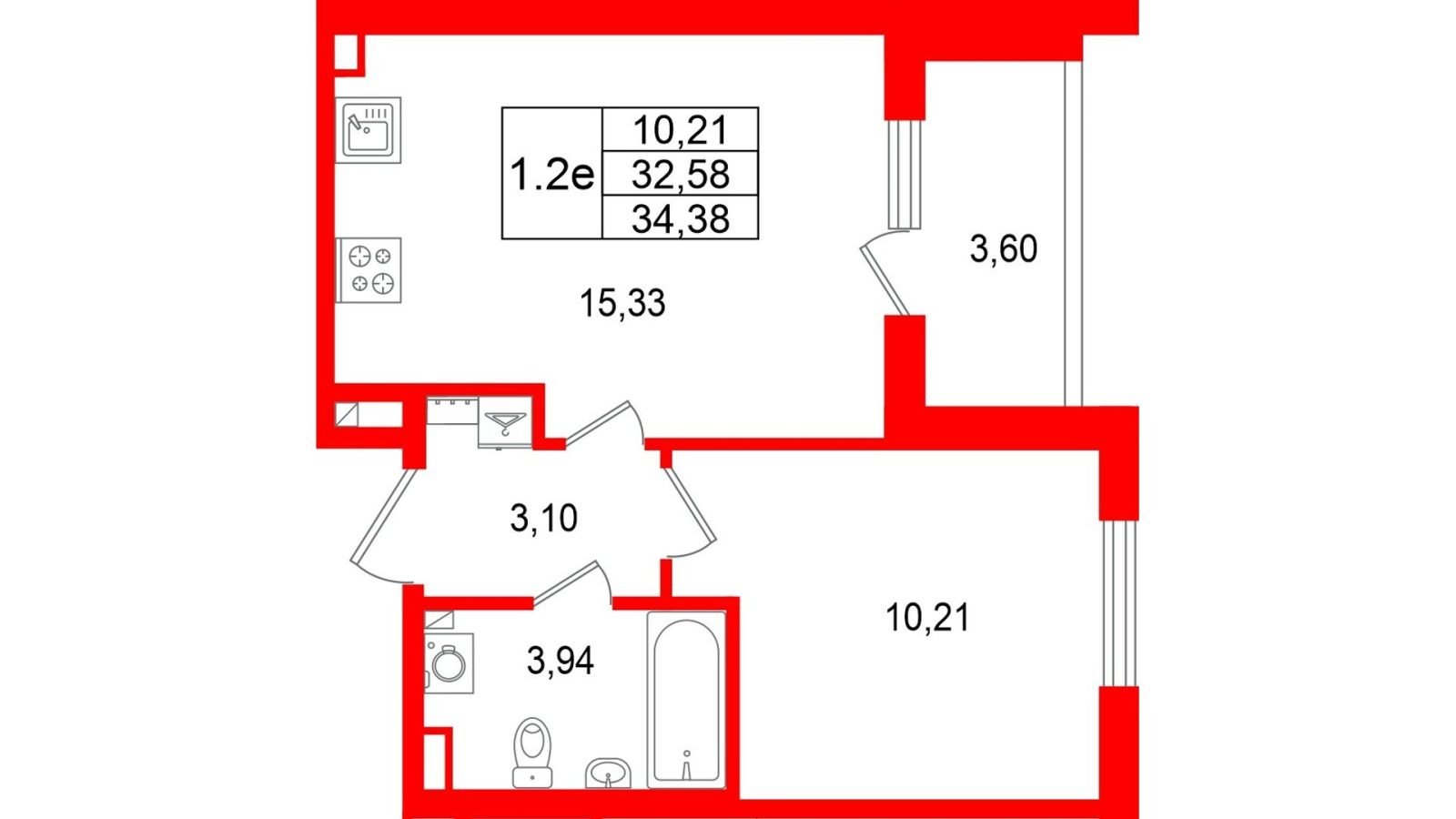 Планировка: 1-комнатная квартира, 32,6 м²