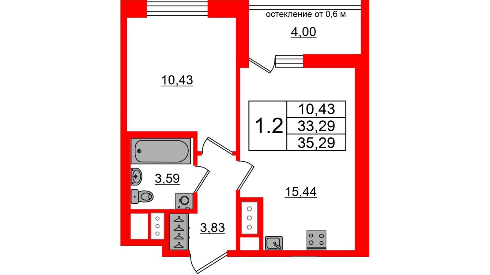 Планировка: 1-комнатная квартира, 33,3 м²