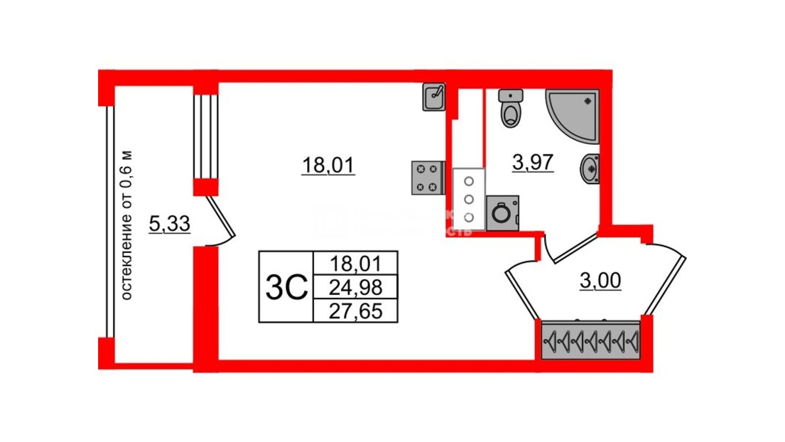 Планировка: студия, 25,0 м²
